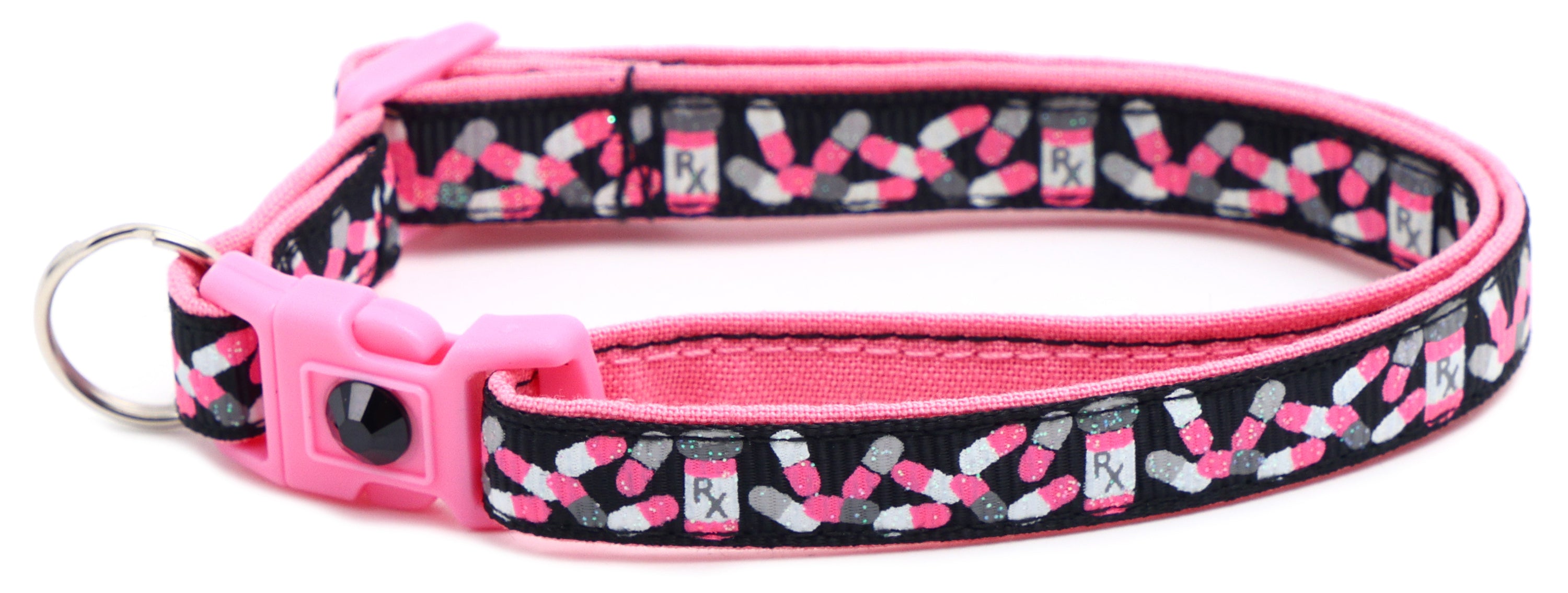 Handmade Pills Breakaway Cat Collar in reinforced cotton with adjustable sizes and breakaway clip for safety.
